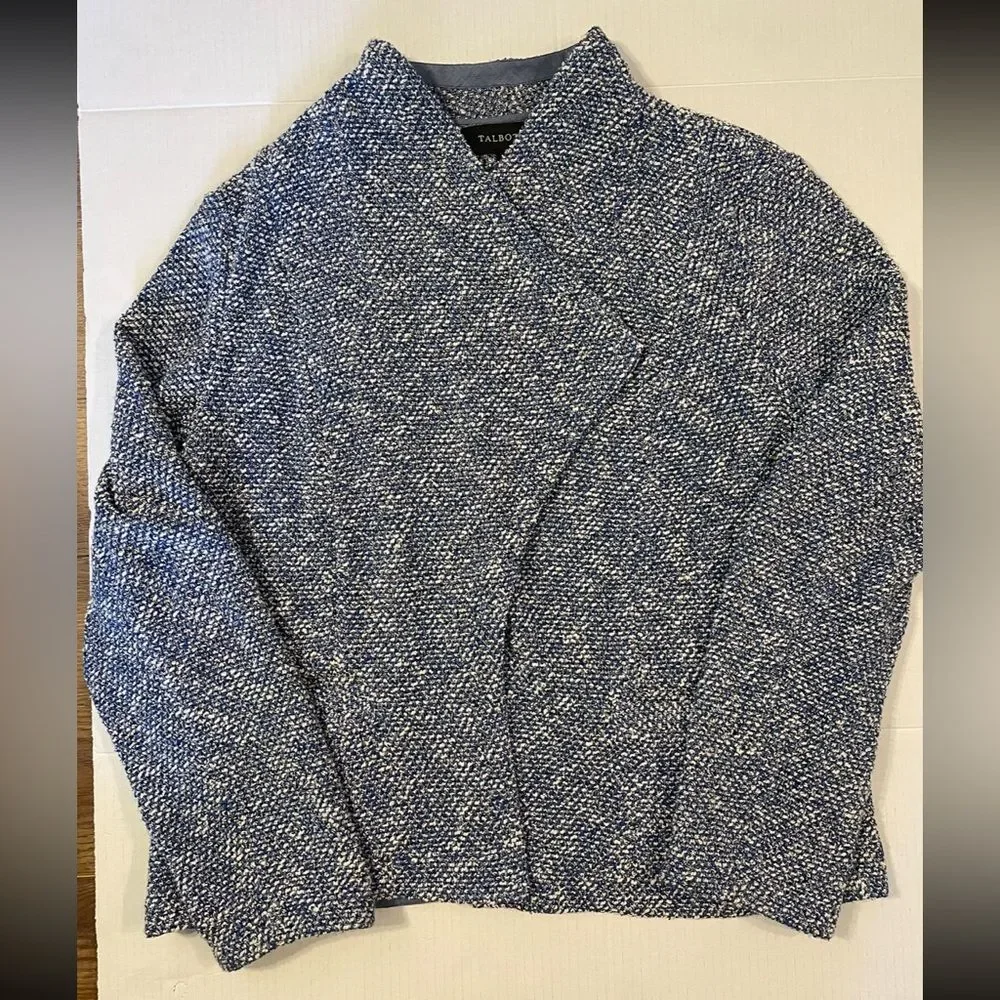 Talbots Open Front Waterfall Blazer Jacket Blue Tweed Boucle Cotton Size Large - Picture 15 of 15